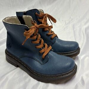 Rieker 78240 Paris Lace Up Synthetic Leather Ankle Boots Doc Style Combat Blue
